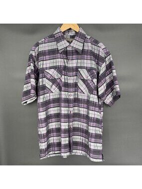 Stacy Adams Mens Plaid Short Sleeve Button-Up Shirt L Purple Textured Casual Y2k